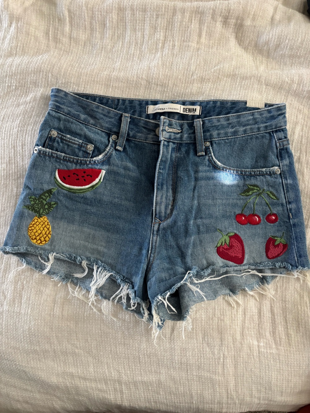 Lovers + Friends Denim Shorts with Embroidered Fruit